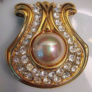 Vtg Nolan Miller Gold Pearl Clear Rhinestone Shell Shape Pendant for Necklace